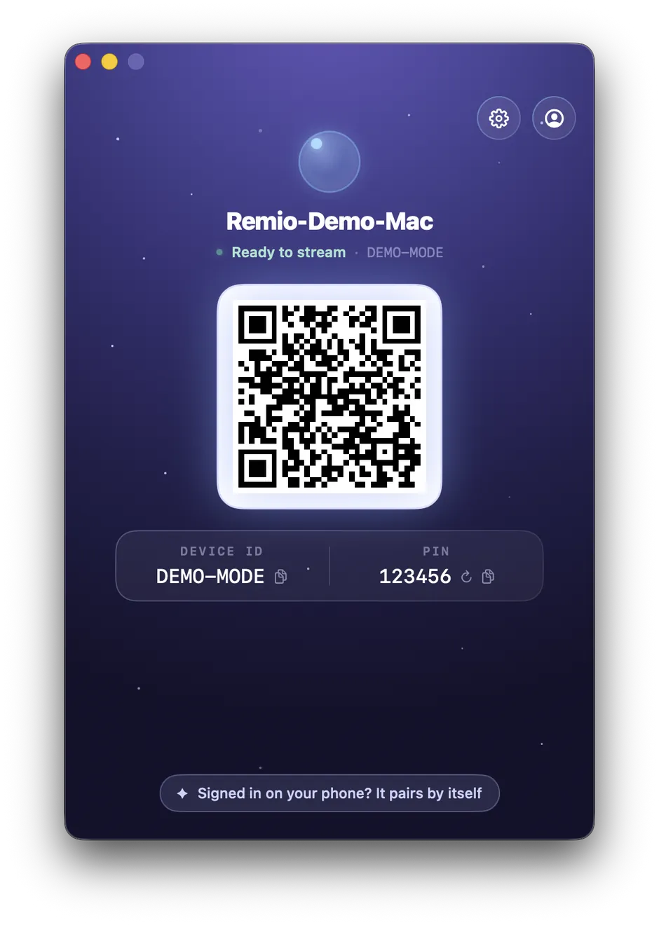 Cửa sổ Remio Host trên Mac hiển thị mã QR, Device ID và PIN để ghép cặp