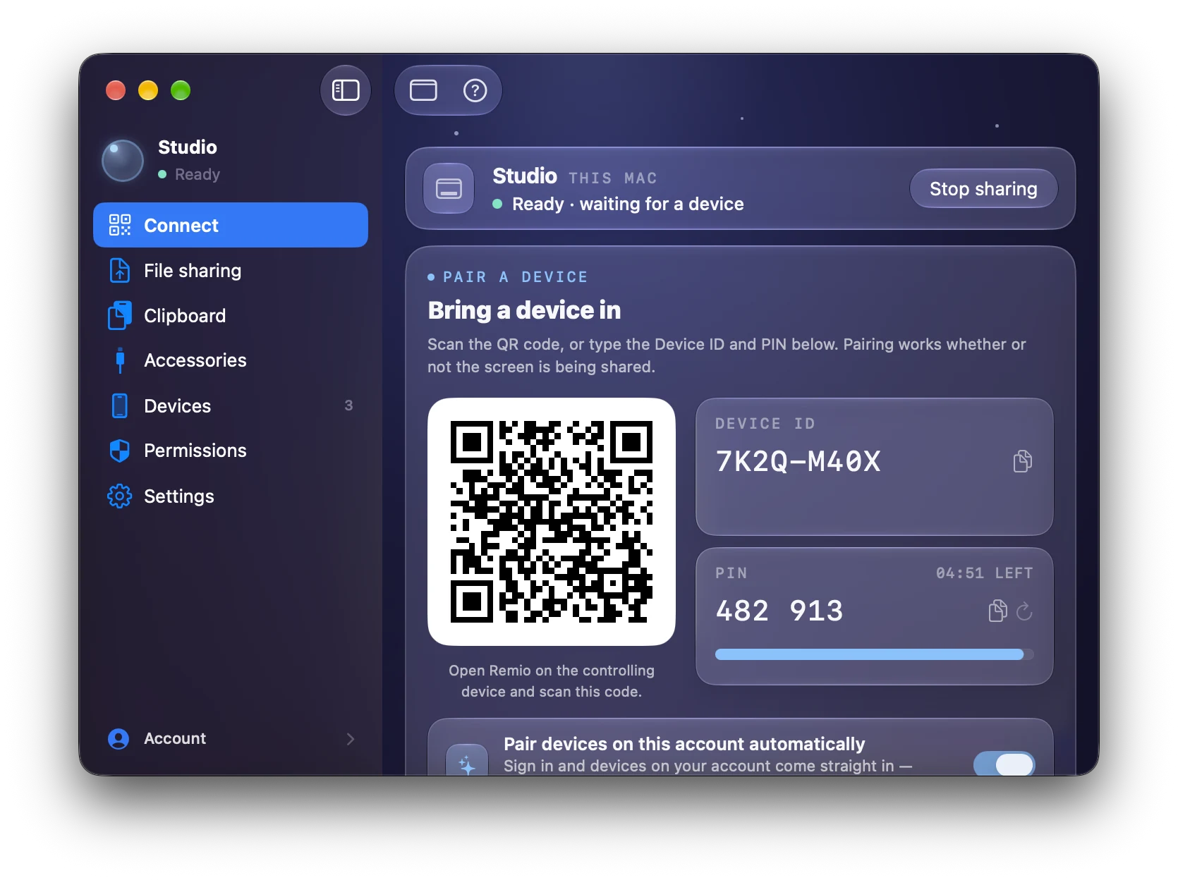 Cửa sổ host Remio hiển thị mã QR ghép nối, Device ID và PIN