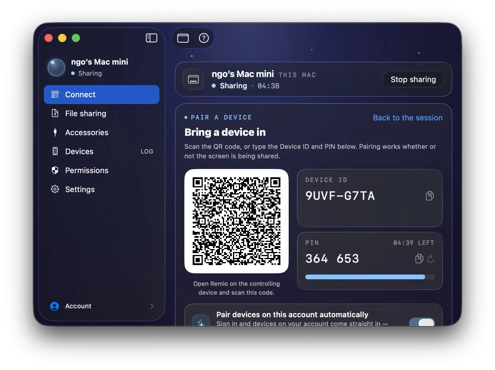 Cửa sổ host Remio hiển thị mã QR ghép cặp, Device ID và PIN