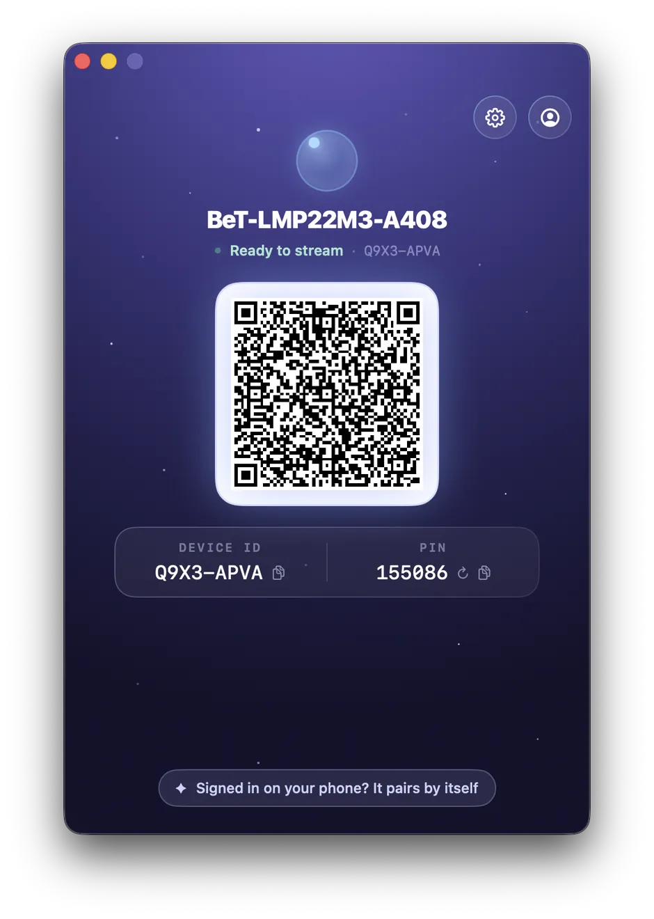 Remio Host window on Mac showing QR code, Device ID and PIN