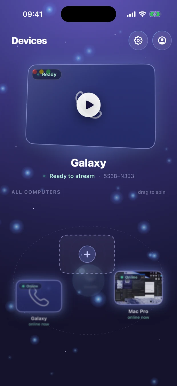 The Remio device list on iPhone — paired computers ready to stream