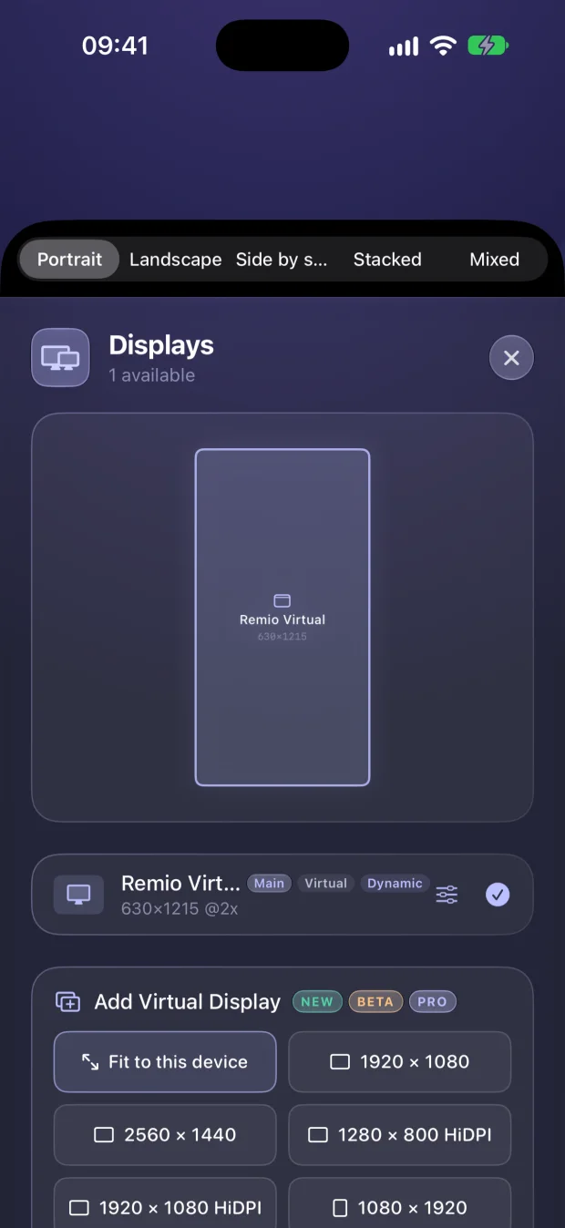 Remio 3.0 Displays panel on iPhone