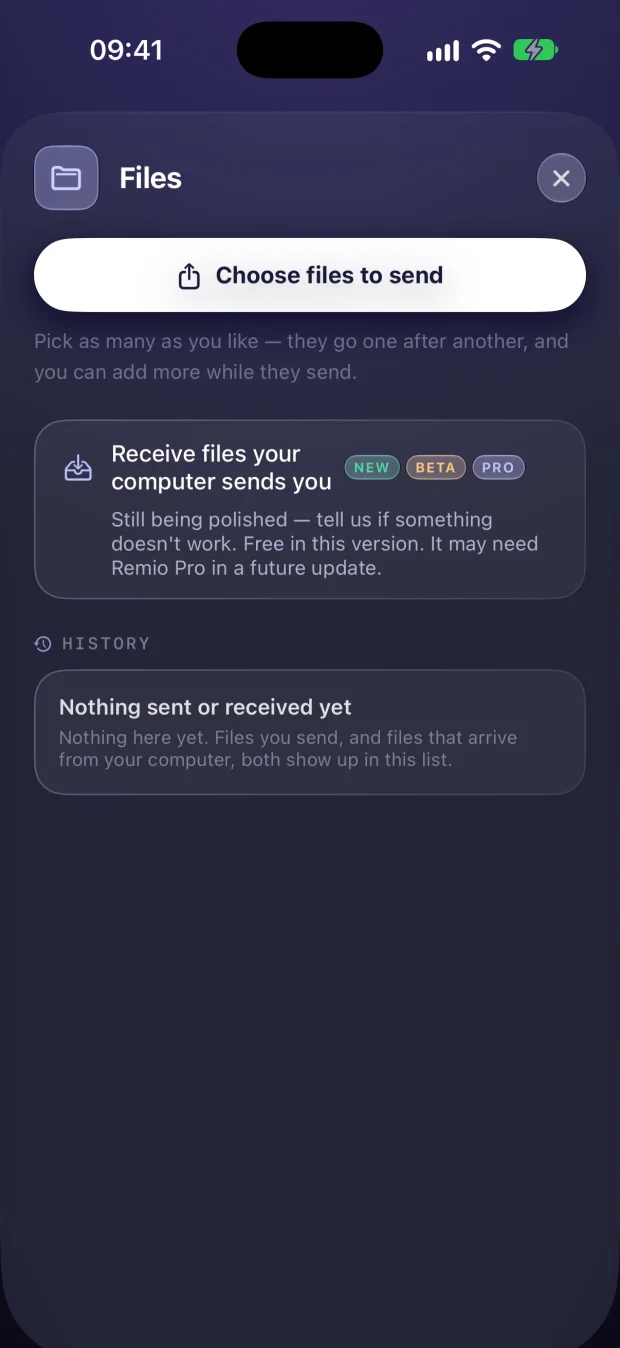 Remio Files panel on iPhone: send files, and receive files your computer sends you