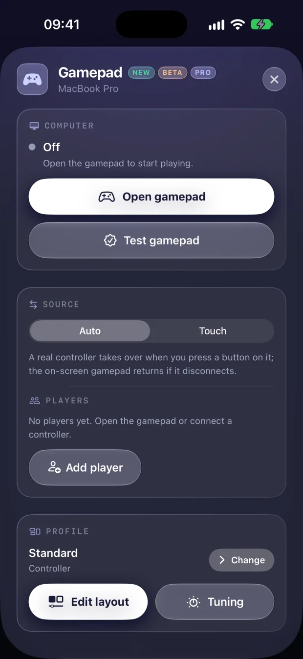 Remio 3.0 Gamepad panel on iPhone