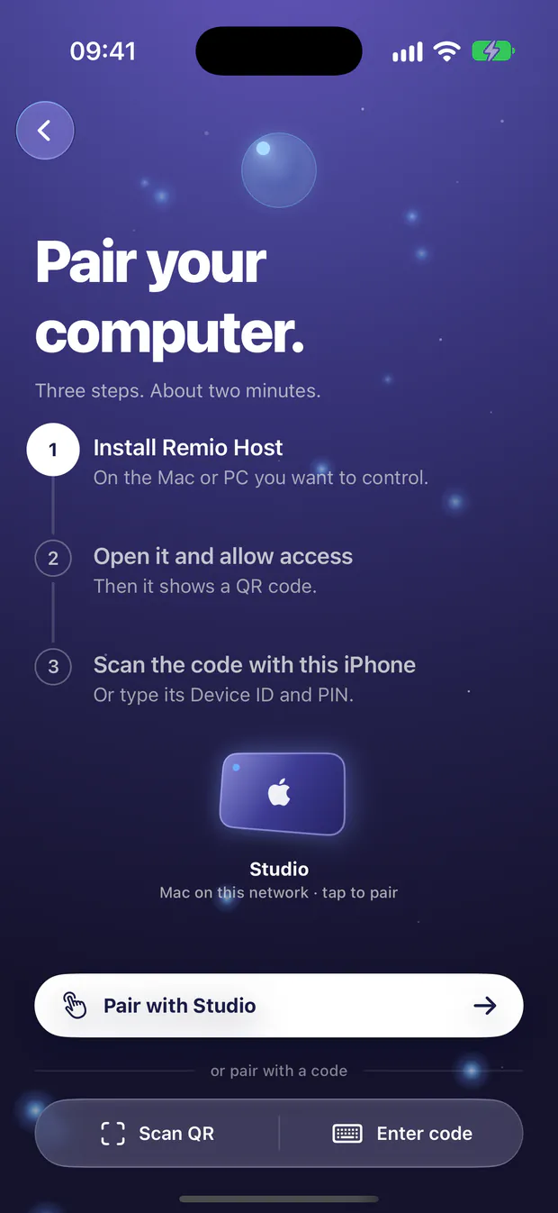 Remio 3.4 on iPhone: a Mac on the same Wi‑Fi appears on the Pair screen