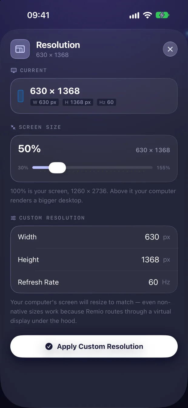 Bảng Độ phân giải của Remio trên iPhone: thanh kích thước màn hình và độ rộng, chiều cao, tần số quét tuỳ chỉnh