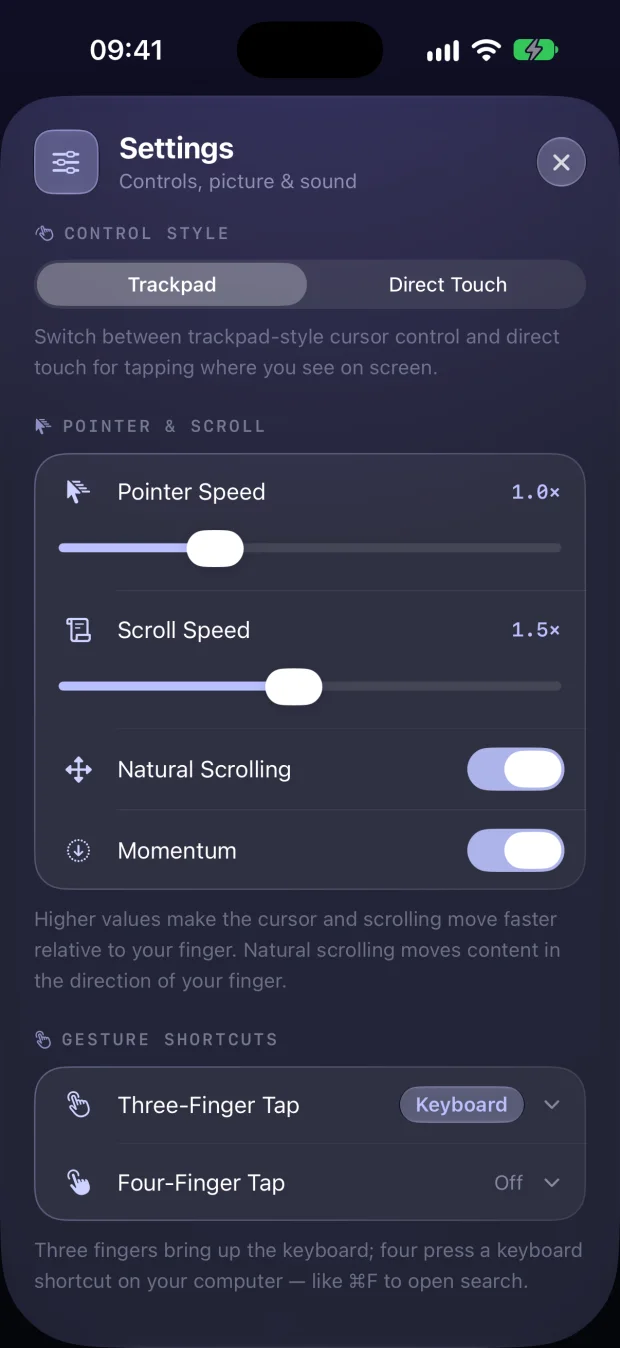 Remio 3.0 in-session Settings on iPhone