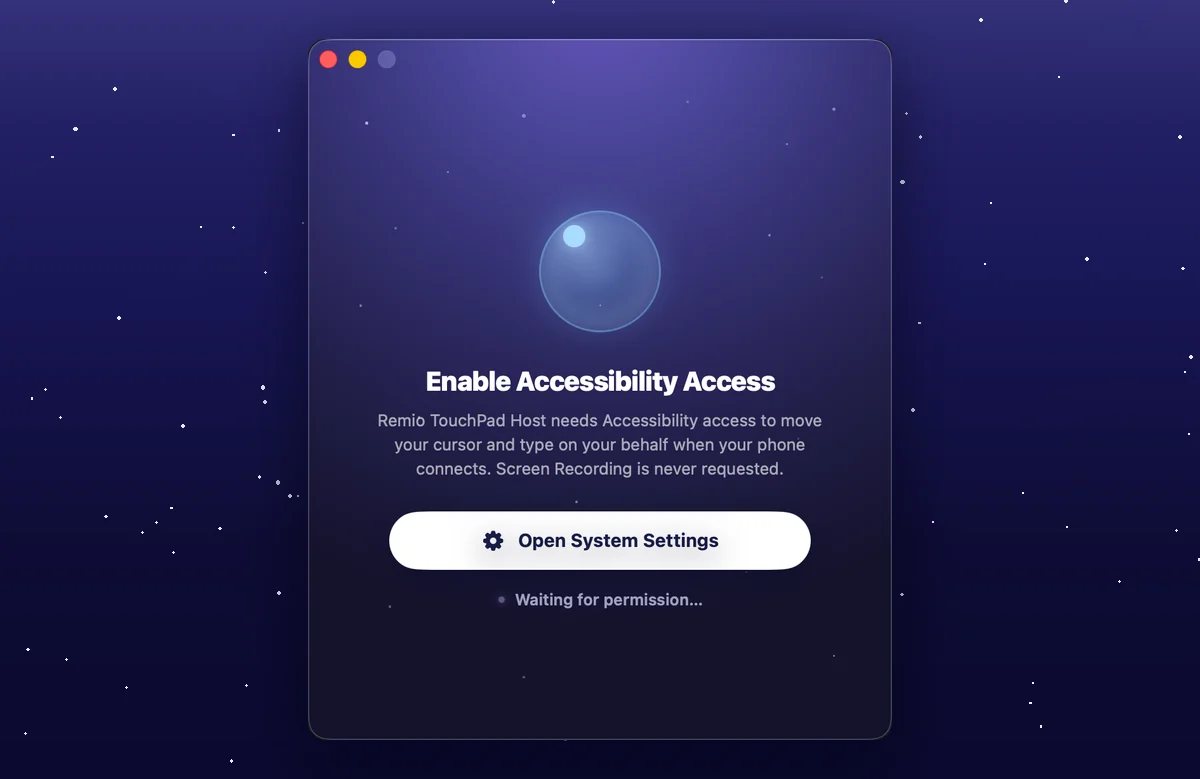 Remio TouchPad Host requesting Accessibility access on the Mac — Screen Recording is never requested