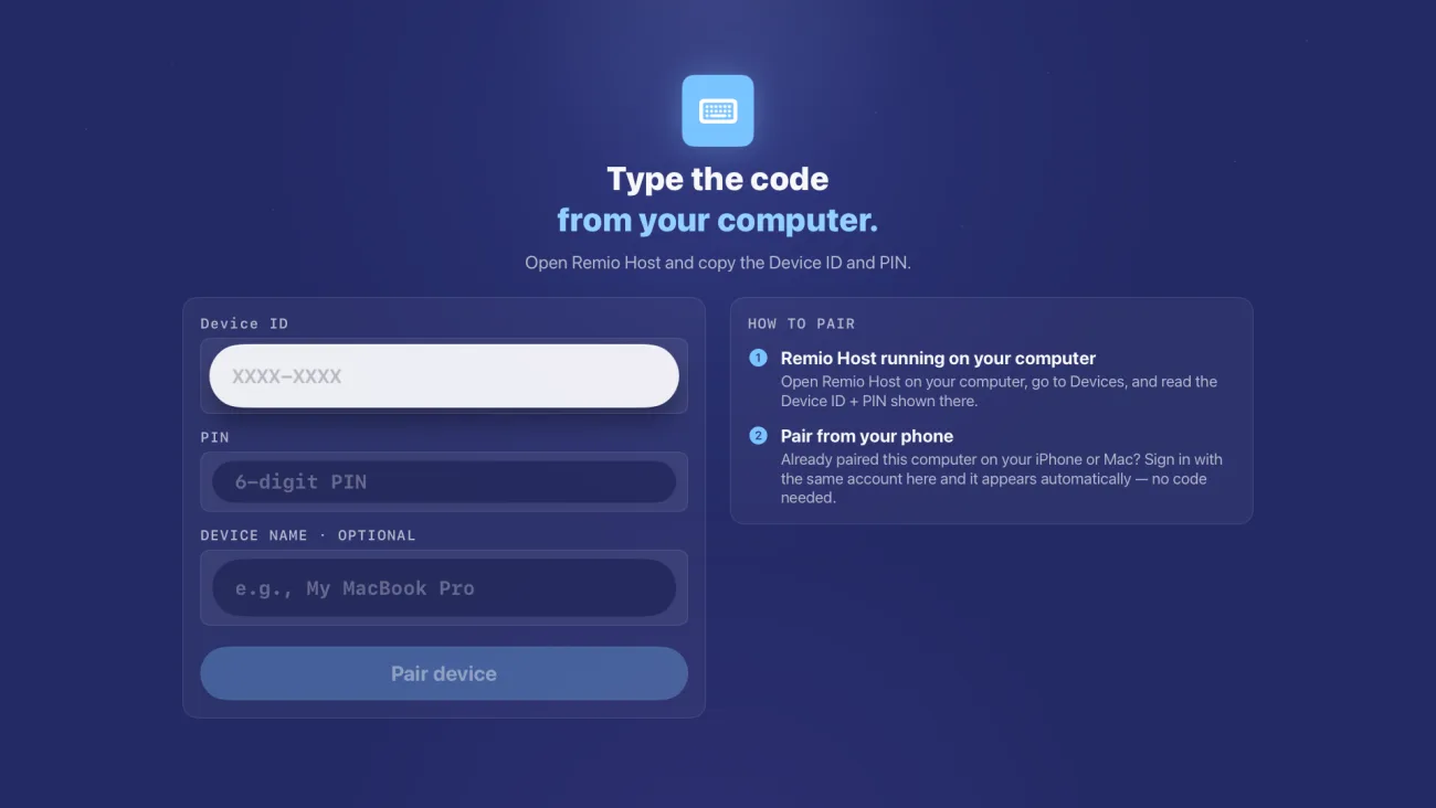 Remio trên Apple TV: màn hình ghép nối yêu cầu nhập Device ID và mã PIN 6 số hiển thị trên Remio Host.
