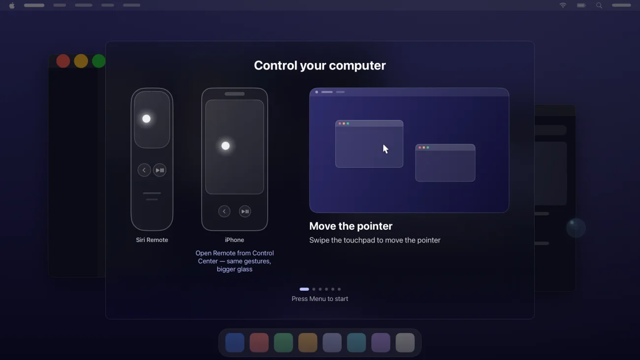 Remio trên Apple TV: màn hình hướng dẫn điều khiển hiển thị Siri Remote và remote trên iPhone, với cử chỉ di chuyển con trỏ.